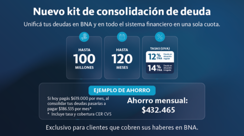Los clientes que perciban o elijan percibir sus ingresos en el BNA con deudas en otras entidades podrán consolidarlas y pagarlas en una sola cuota mensual